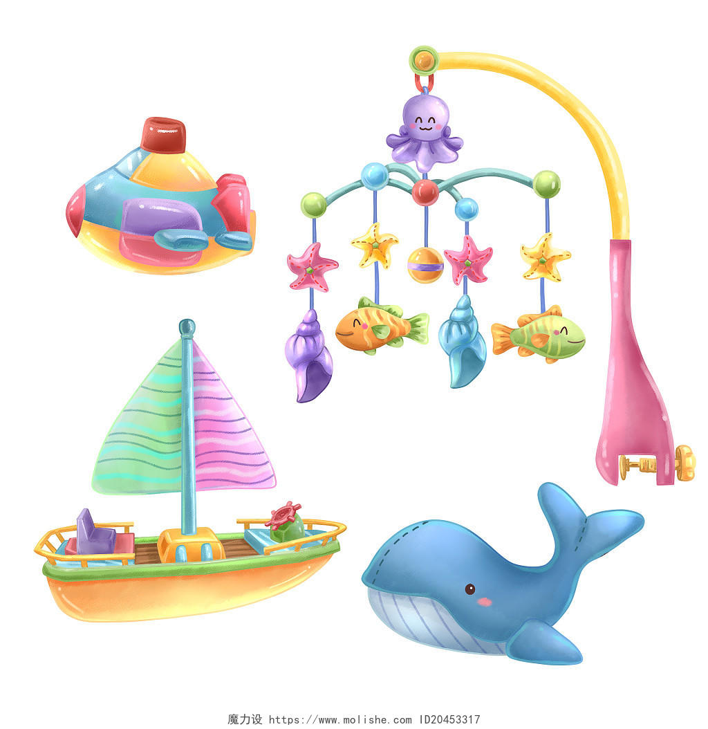 儿童节玩具帆船床头玩具鲸鱼潜水艇海洋动物卡通扁平插画免扣素材